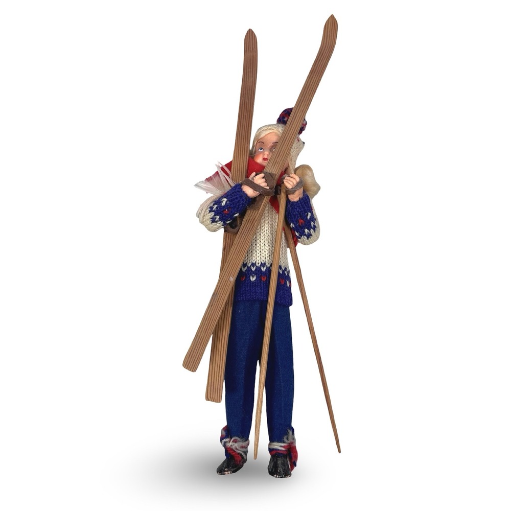 Vintage Scandanavian Handcrafted Skier Doll Wooden Skis Poles Knit Sweater 10"
